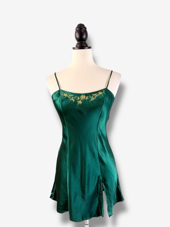 Victoria's Secret Other - 90s Vintage Victoria’s Secret Silk Slip Dress XS Emerald Green Gold Embroidered